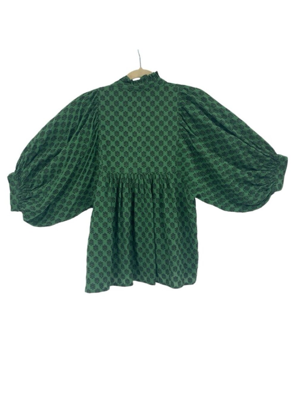Never A Wallflower Ruffle High Neck Top Size M Green Leaf Embossed Boho Peasant - Picture 2 of 10